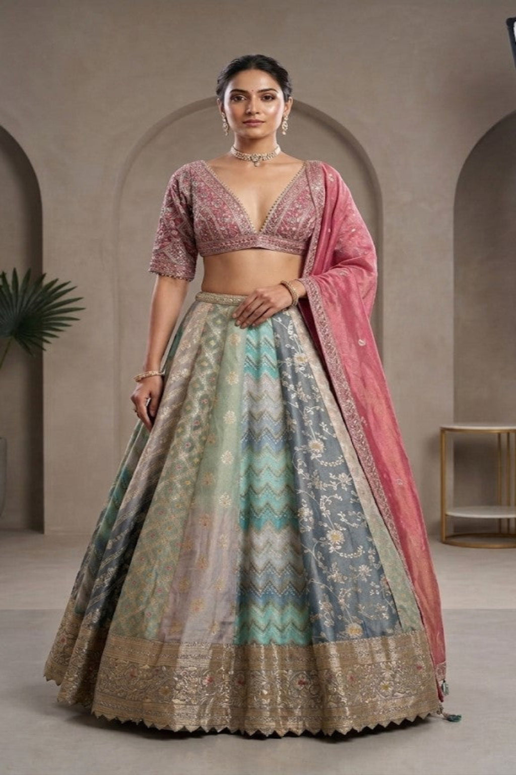 Pastel Blue & Rose Pink Designer Lehenga Set with Dupatta